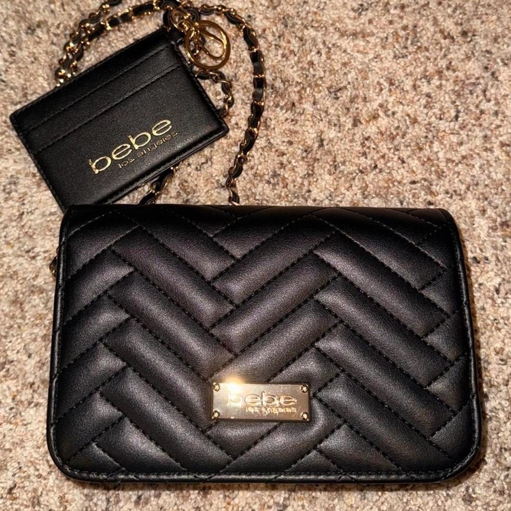 Bebe Black Quilted Clutch with Gold Accents